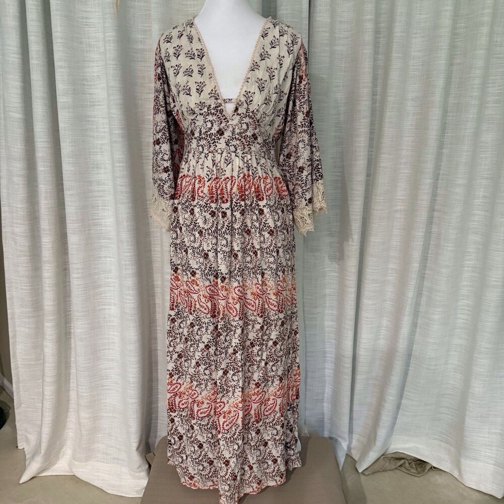 Angie Maxi Dress Size S Boho Cottage Core Floral Lace Cream Multi Colored